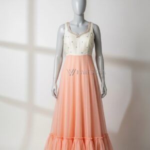 peach and white sleeveless gown