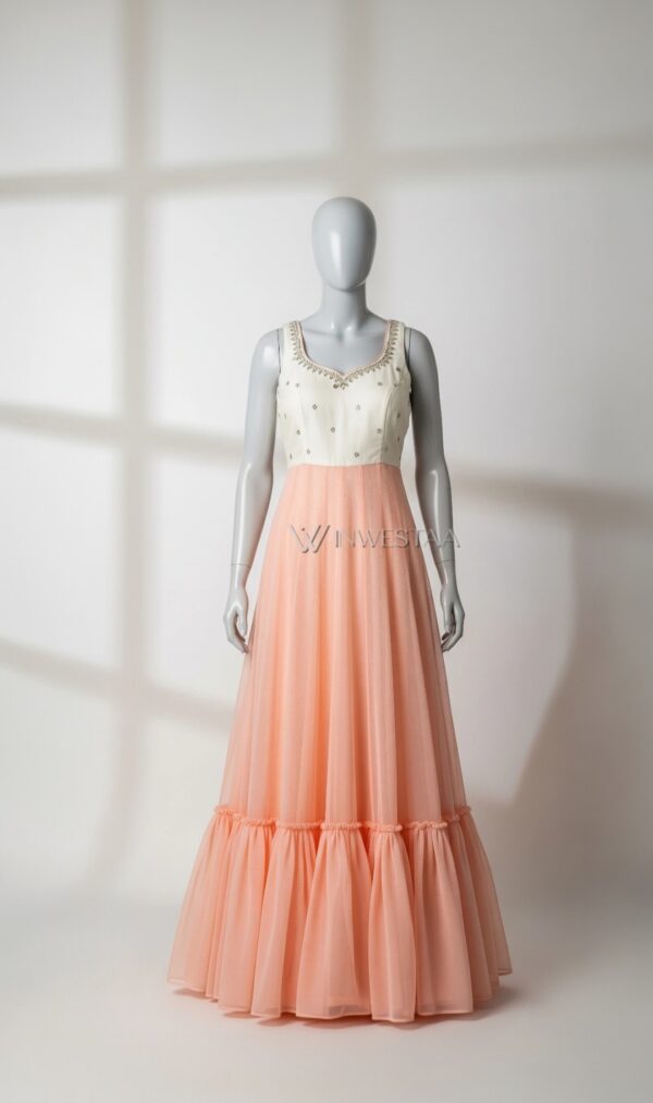 peach and white sleeveless gown